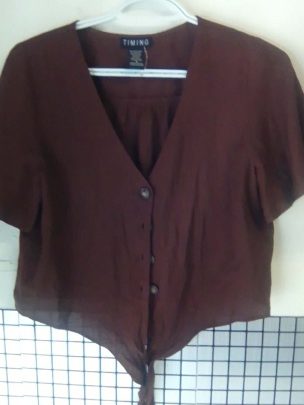 Timing Brown Button-Front Tie-Hem Short Sleeve Top